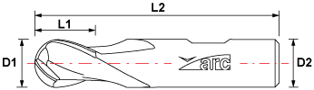 2 Flute HSS-AL Ball Nose End Mill - Standard Length - Drawing
