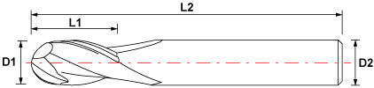 2 Flute Carbide Ball Nose End Mill For Aluminium - Standard Length - Uncoated - Drawing